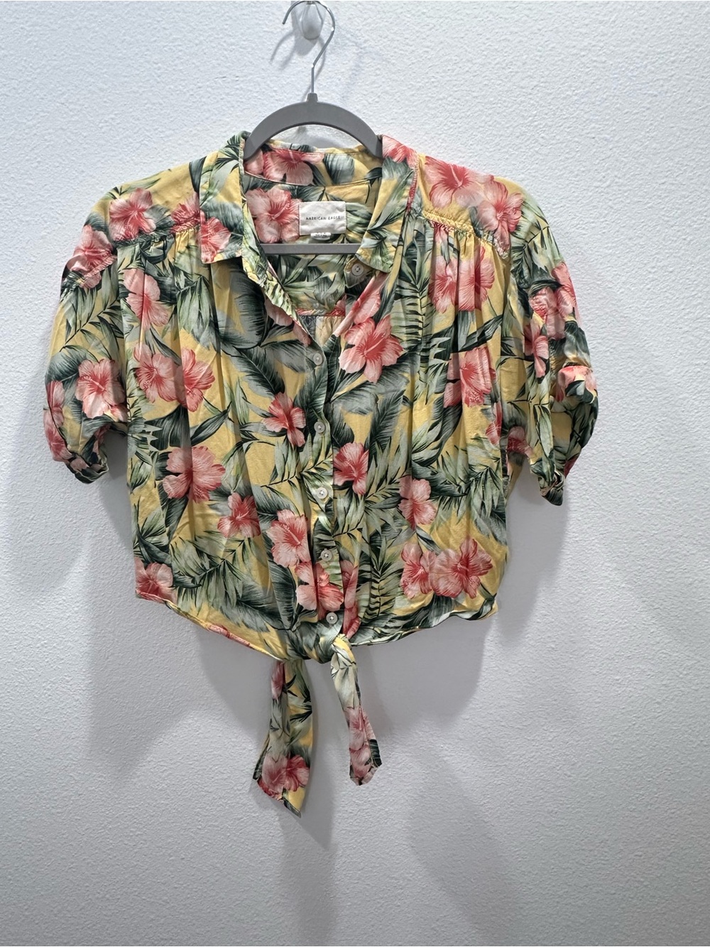 American Eagle Tropical Tie-Front Floral Button-Up Top - Yellow & Pink blouse